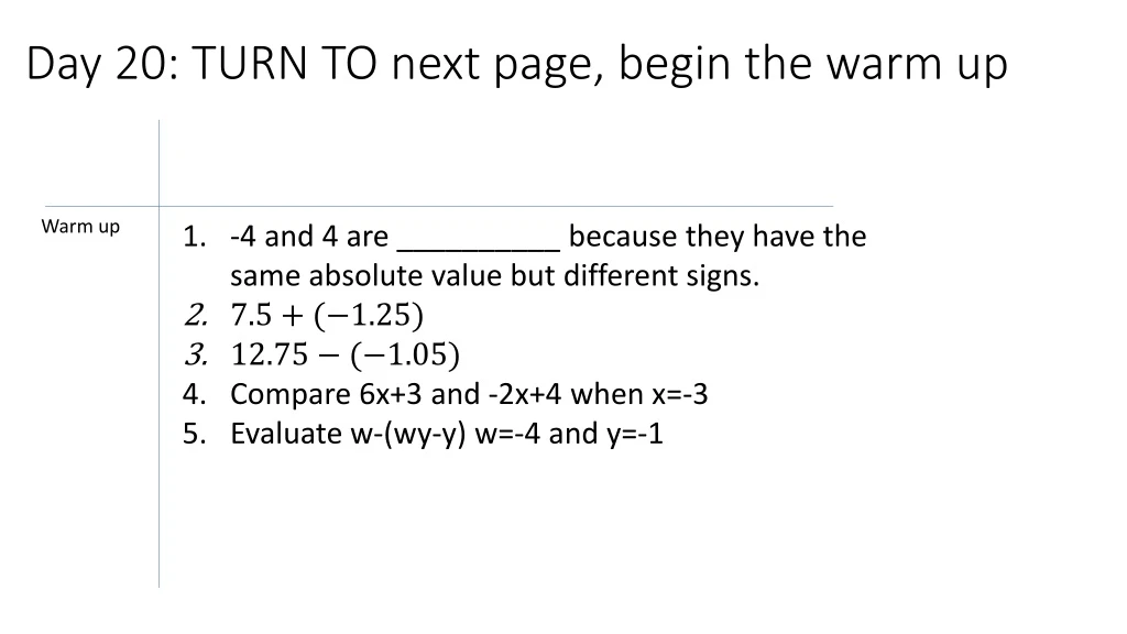 day 20 t urn to next page begin the warm up