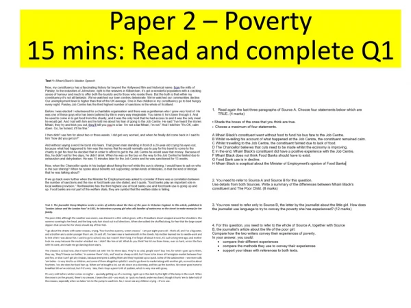 Paper 2 – Poverty 15 mins: Read and complete Q1