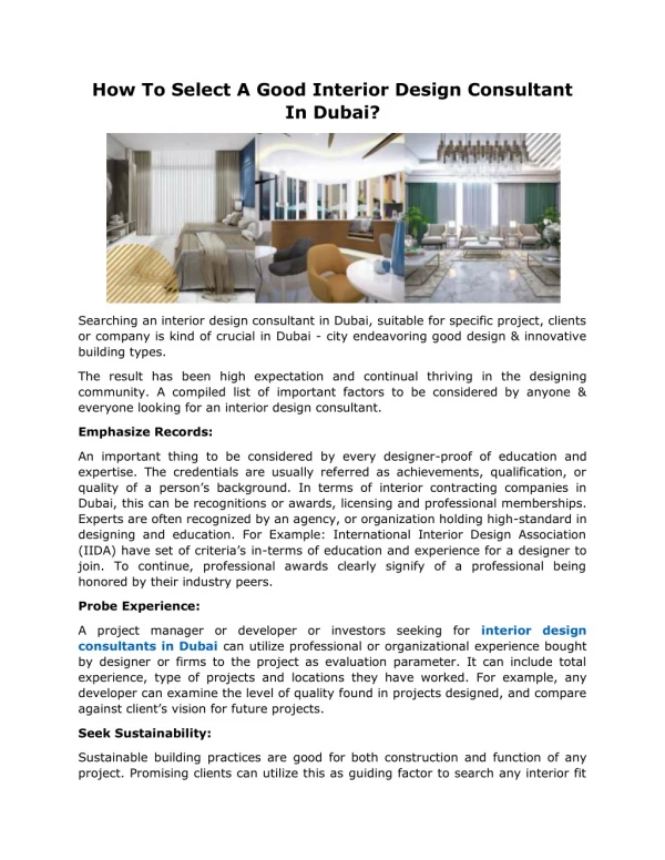 How To Select A Good Interior Design Consultant In Dubai?