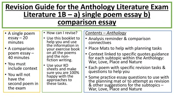 A single poem essay – 20 minutes A comparison poem essay – 40 minutes You must include context