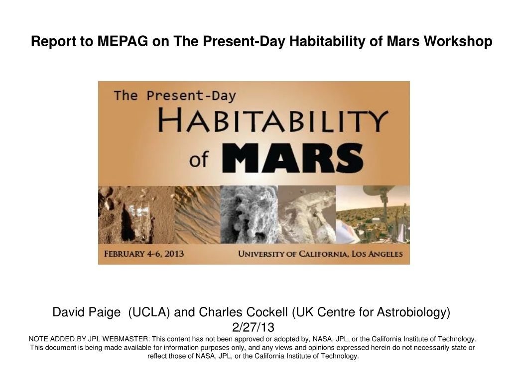 report to mepag on the present day habitability