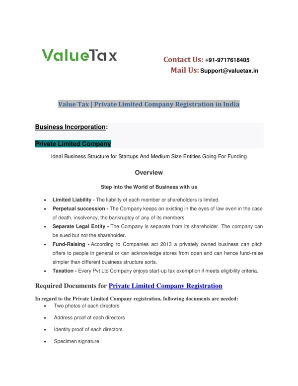 Value Tax | Private Limited Company Registration in India