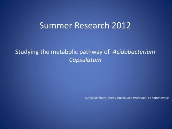 Summer Research 2012 Studying the metabolic pathway of Acidobacterium Capsulatum