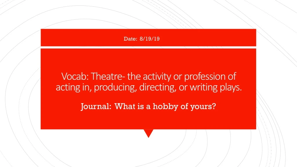 vocab theatre the activity or profession of acting in producing directing or writing plays