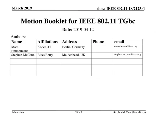 Motion Booklet for IEEE 802.11 TGbc