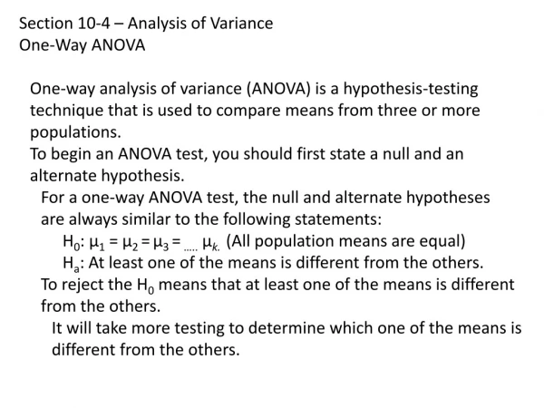Section 10-4 – Analysis of Variance One-Way ANOVA