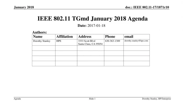 IEEE 802.11 TGmd January 2018 Agenda