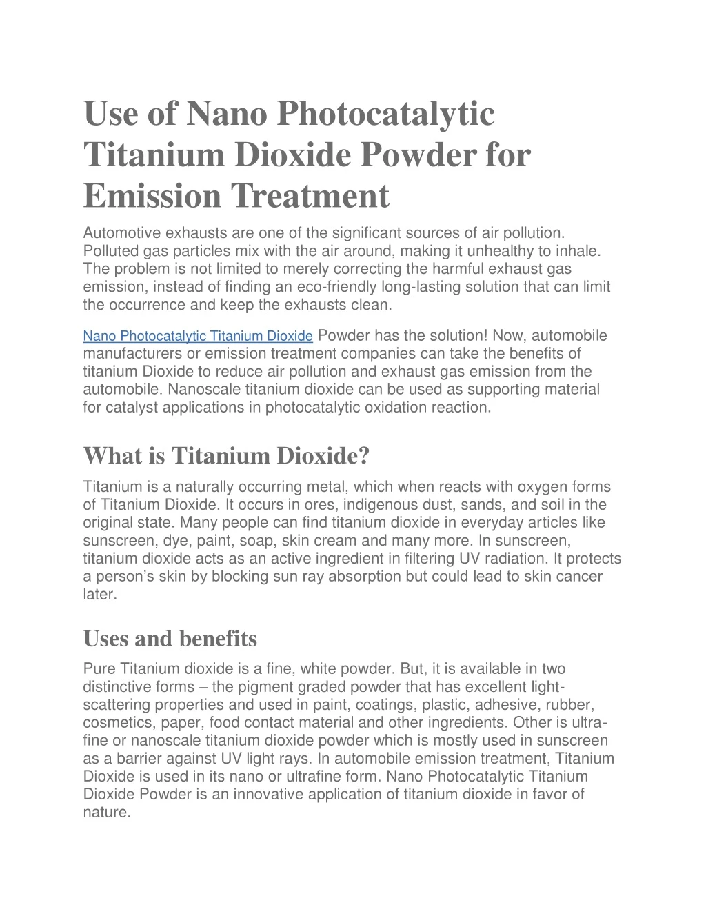 use of nano photocatalytic titanium dioxide
