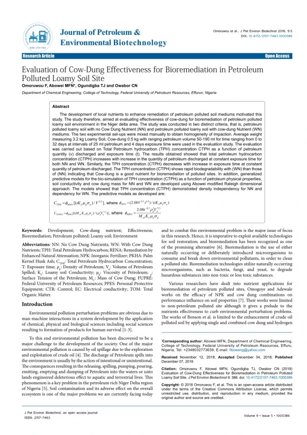 Evaluation of Cow-Dung Effectiveness for Bioremediation in Petroleum Polluted Loamy Soil Site