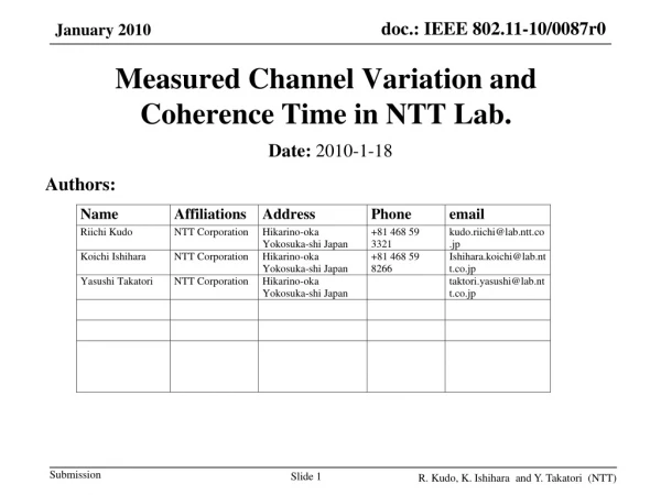 Measured Channel Variation and Coherence Time in NTT Lab.