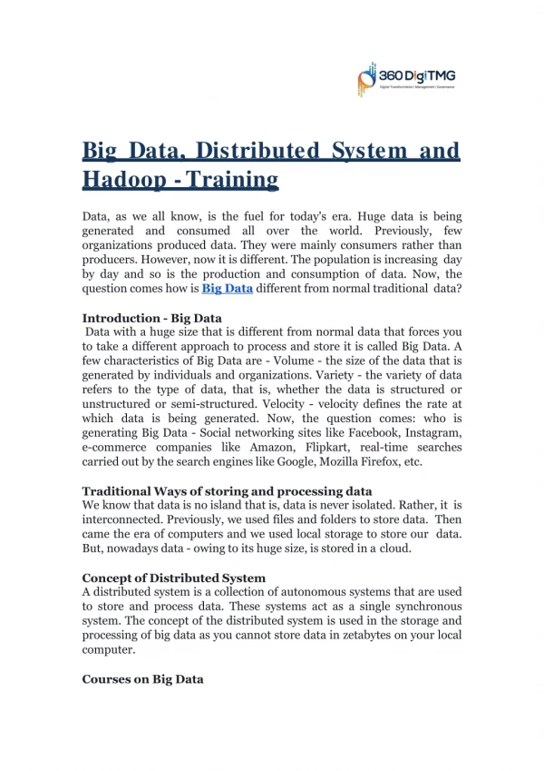 Big Data, Distributed System and Hadoop - Training