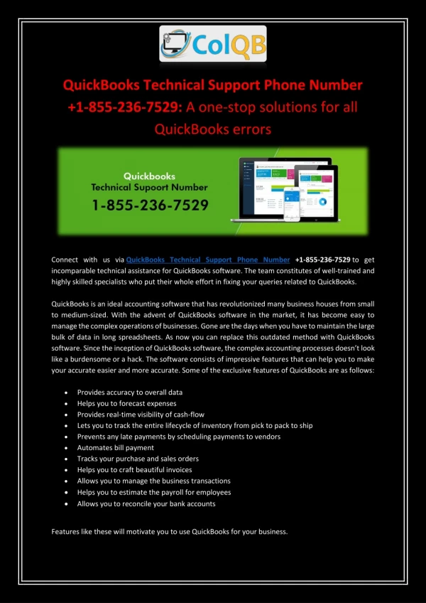 QuickBooks Technical Support Phone Number 1-855-236-7529: A one-stop solutions for all QuickBooks errors