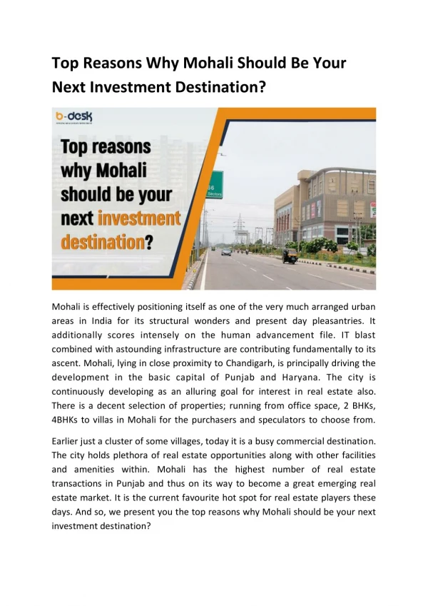 Top Reasons Why Mohali Should Be Your Next Investment Destination?