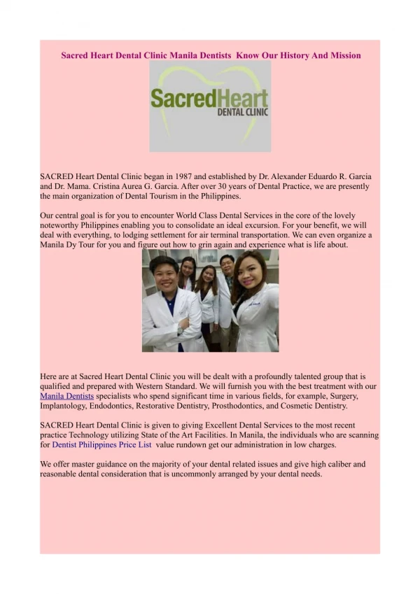 Sacred Heart Dental Clinic Manila Dentists Know Our History And Mission
