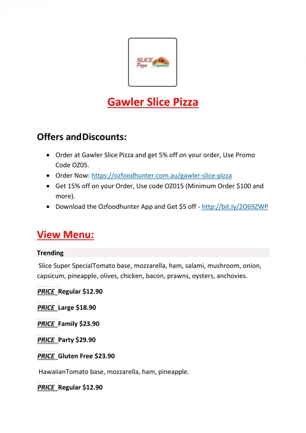 Gawler Slice Pizza menu - Pizza restaurant Gawler SA