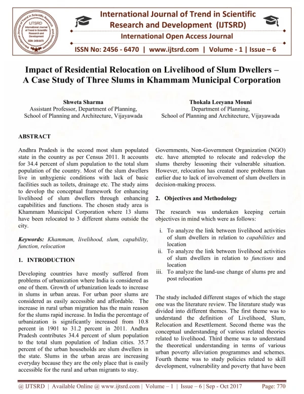 Impact of Residential Relocation on Livelihood of Slum Dwellers - A Case Study of Three Slums in Khammam Municipal Corpo