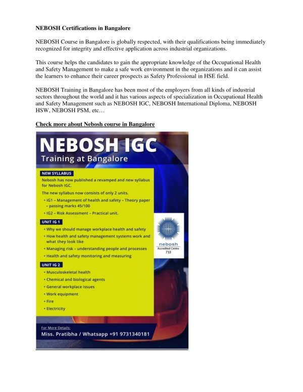 NEBOSH Course Certifications in Bangalore