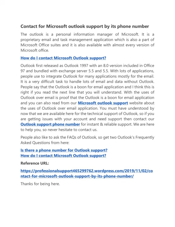Contact for Microsoft outlook support by its phone number