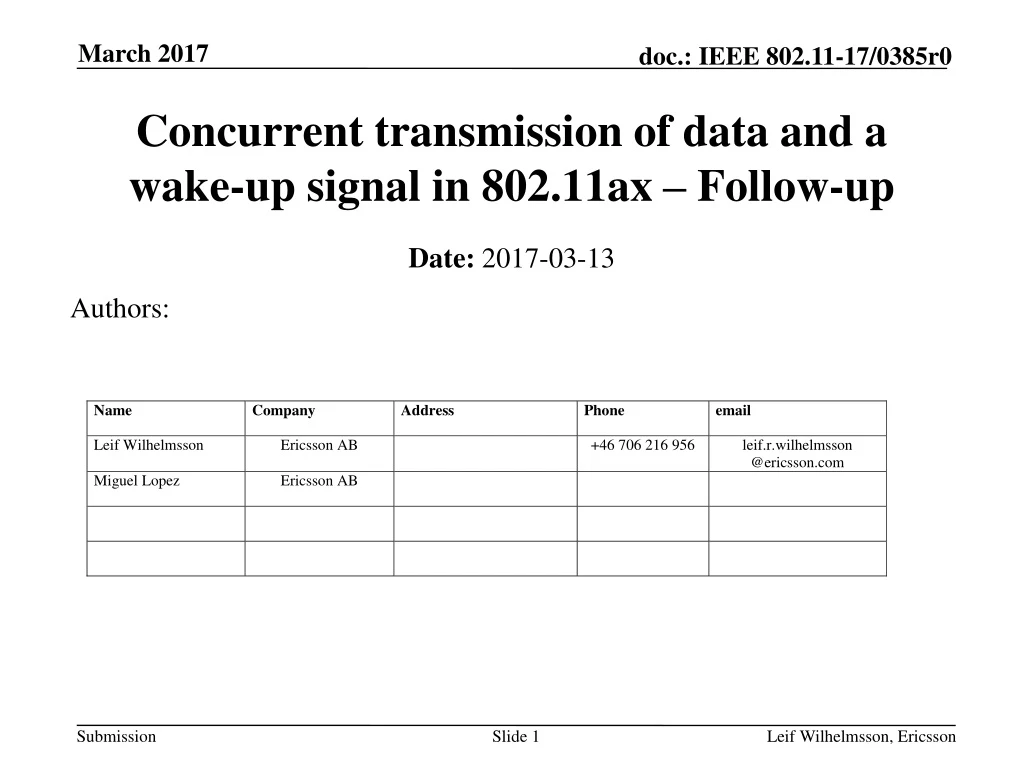 concurrent transmission of data and a wake up signal in 802 11ax follow up