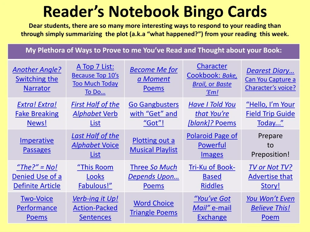 reader s notebook bingo cards dear students there