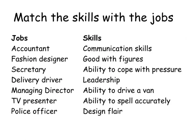 Match the skills with the jobs