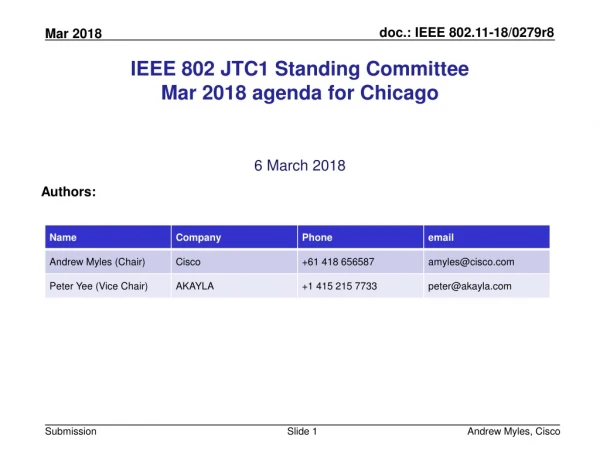 IEEE 802 JTC1 Standing Committee Mar 2018 agenda for Chicago