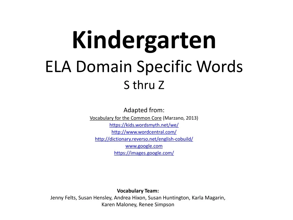 kindergarten ela domain specific words s thru z