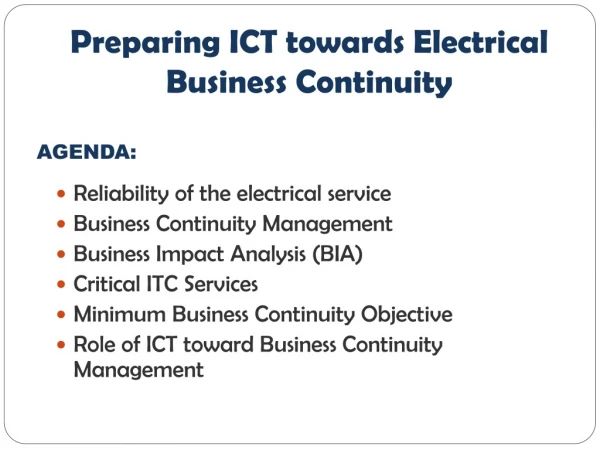 Reliability of the electrical service Business Continuity Management