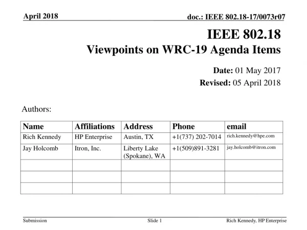 IEEE 802.18 Viewpoints on WRC-19 Agenda Items
