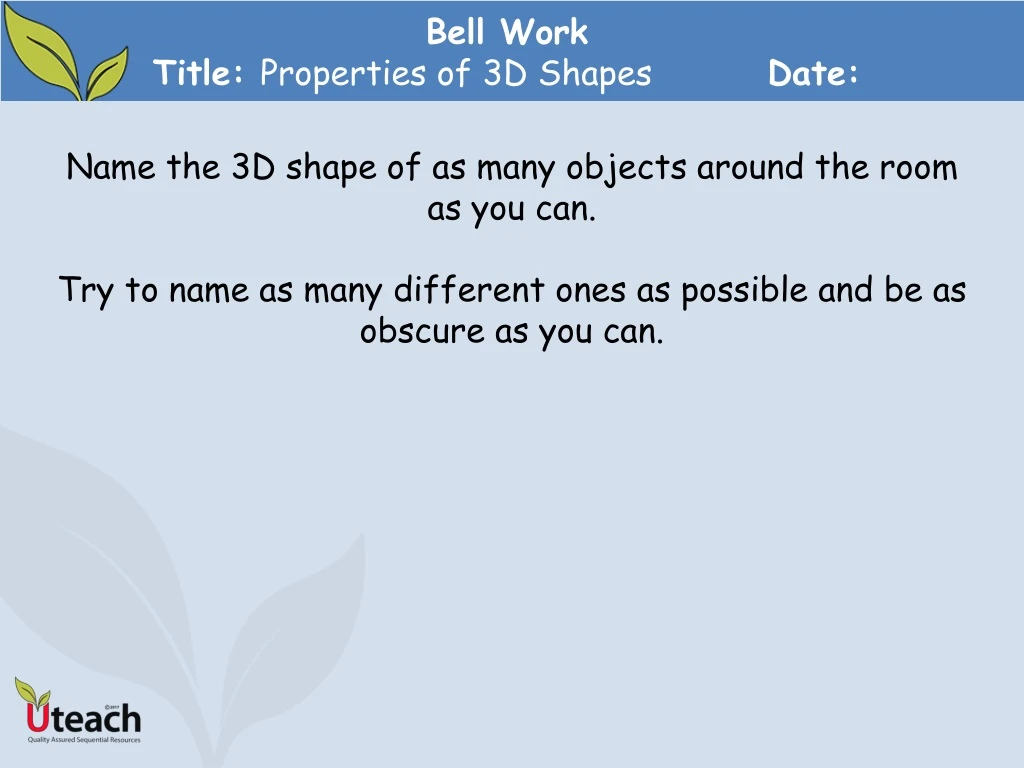 bell work title properties of 3d shapes date
