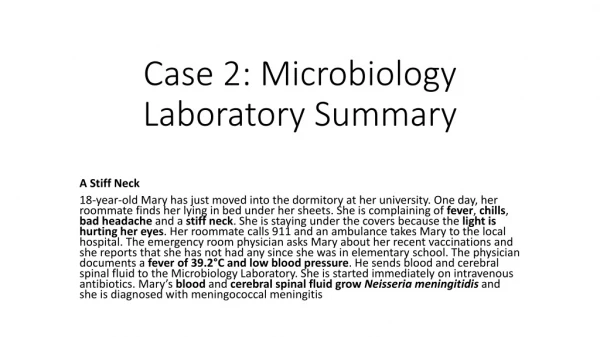 Case 2: Microbiology Laboratory Summary