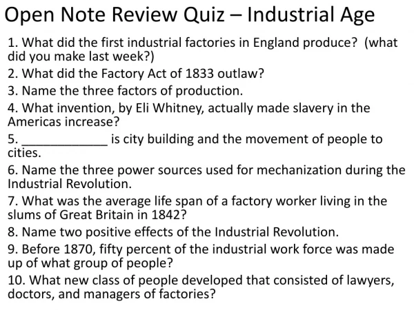 Open Note Review Quiz – Industrial Age