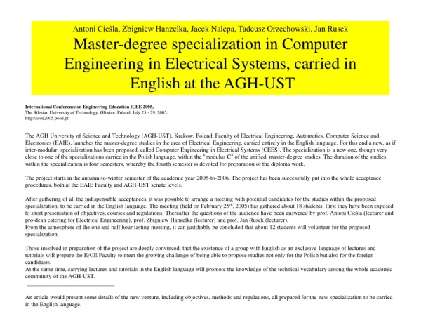 International Conference on Engineering Education ICEE 2005,