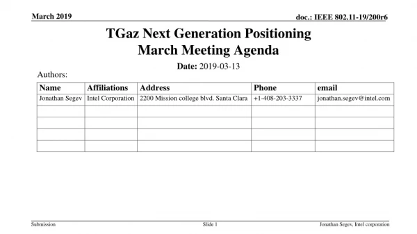 TGaz Next Generation Positioning March Meeting Agenda