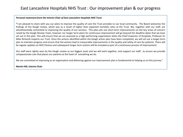 East Lancashire Hospitals NHS Trust : Our improvement plan &amp; our progress