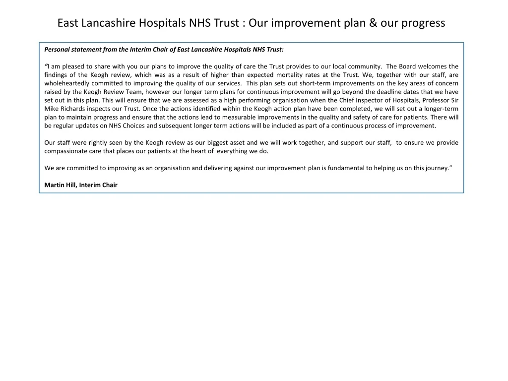 east lancashire hospitals nhs trust our improvement plan our progress