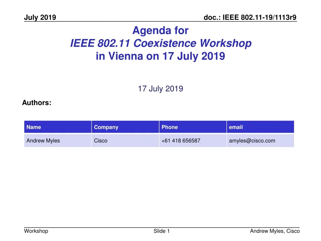 agenda for ieee 802 11 coexistence workshop in vienna on 17 july 2019