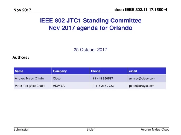 IEEE 802 JTC1 Standing Committee Nov 2017 agenda for Orlando