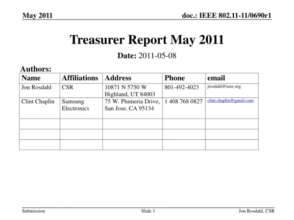 Treasurer Report May 2011