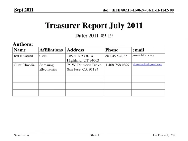 Treasurer Report July 2011