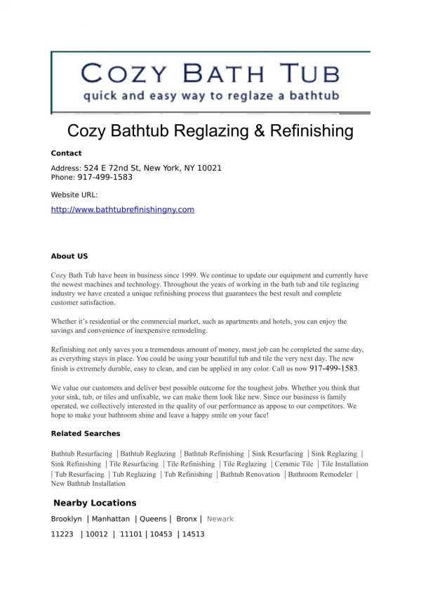 Cozy Bathtub Reglazing & Refinishing