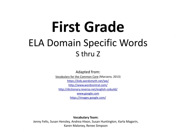 First Grade ELA Domain Specific Words S thru Z