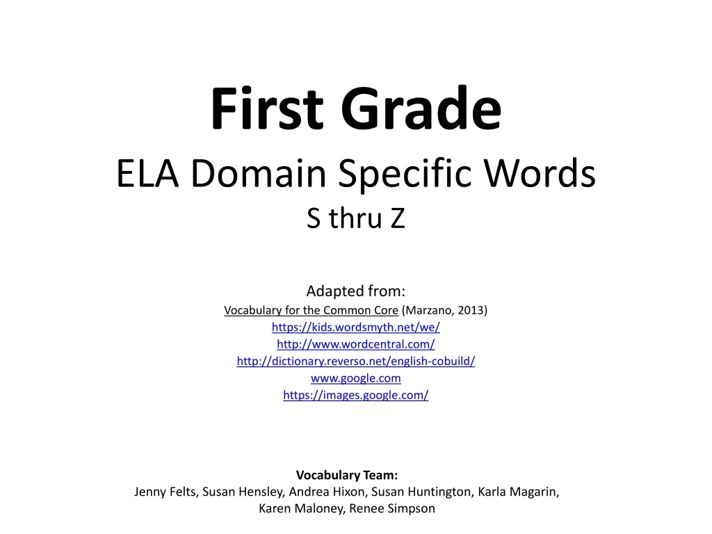 first grade ela domain specific words s thru z