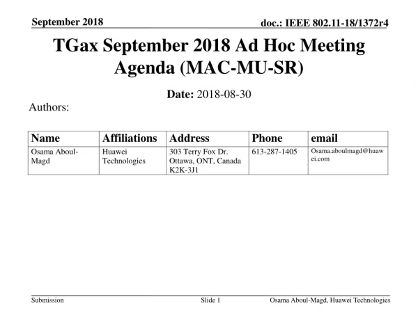 TGax September 2018 Ad Hoc Meeting Agenda (MAC-MU-SR)