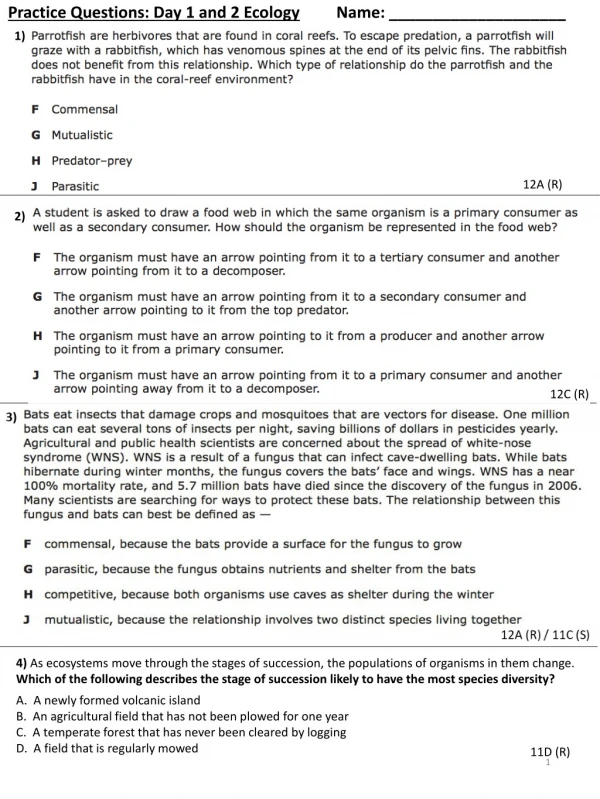 Practice Questions: Day 1 and 2 Ecology Name: ____________________