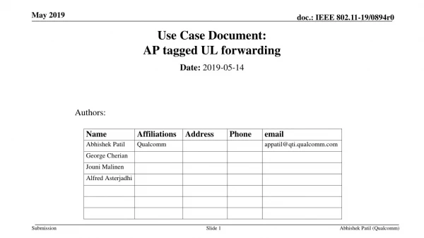 Use Case Document: AP tagged UL forwarding