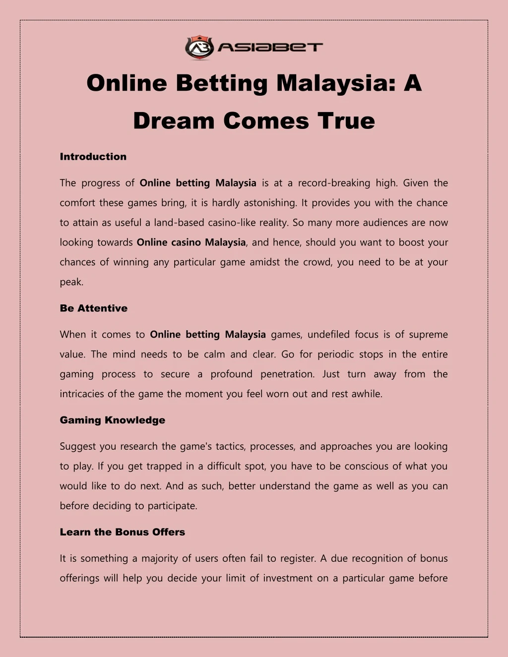 online betting malaysia a dream comes true