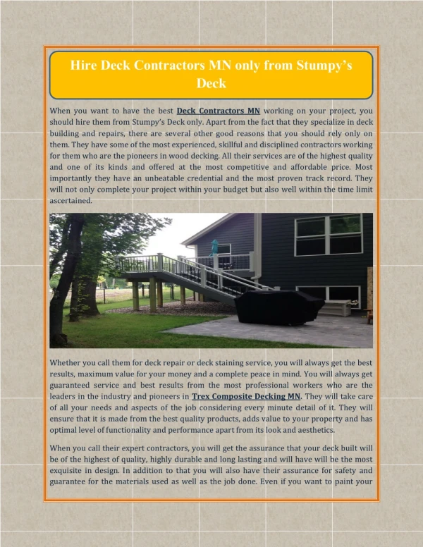Hire Deck Contractors MN only from Stumpy’s Deck