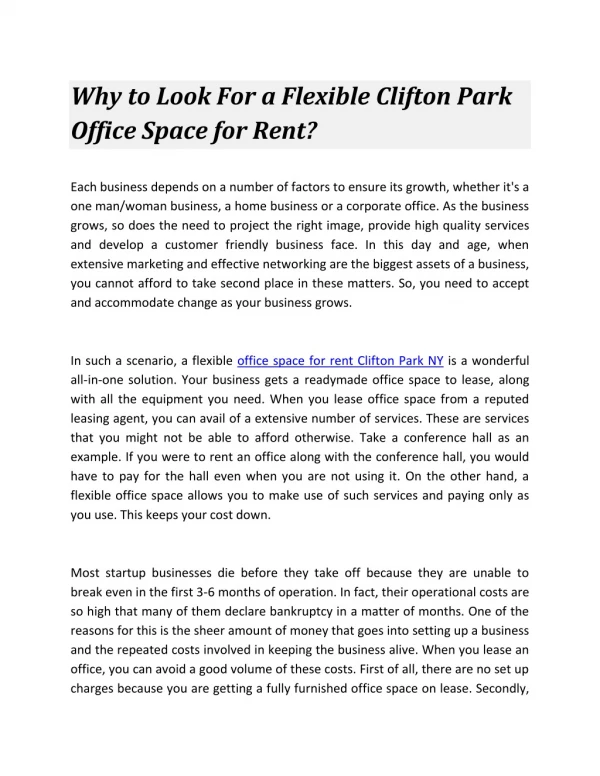 Why to Look For a Flexible Clifton Park Office Space for Rent?