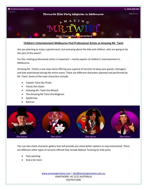 Children’s Entertainment Melbourne Find Professional Artists at Amazing Mr. Twist